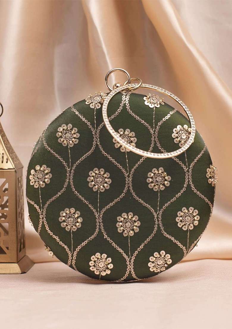 Green Satin Embroidered Box Clutch - Indya