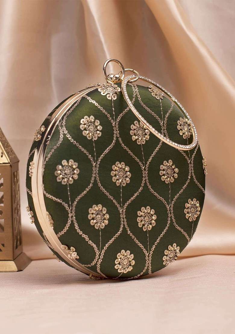 Green Satin Embroidered Box Clutch - Indya