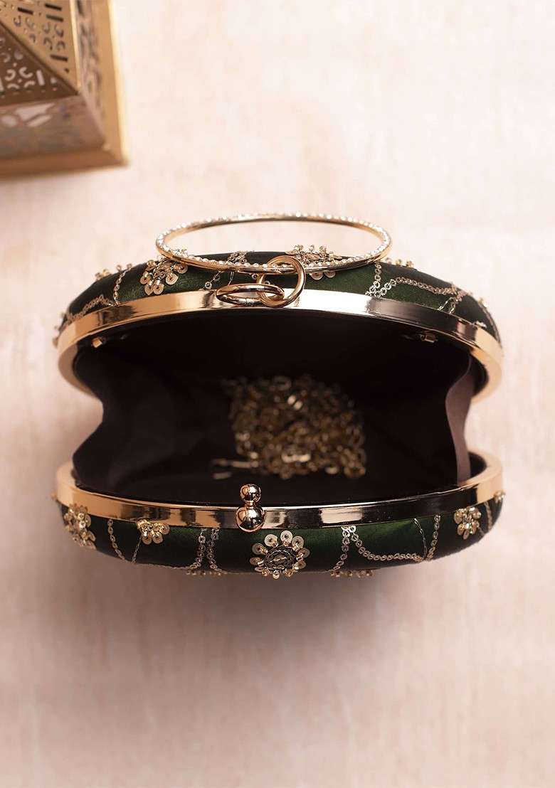 Green Satin Embroidered Box Clutch - Indya