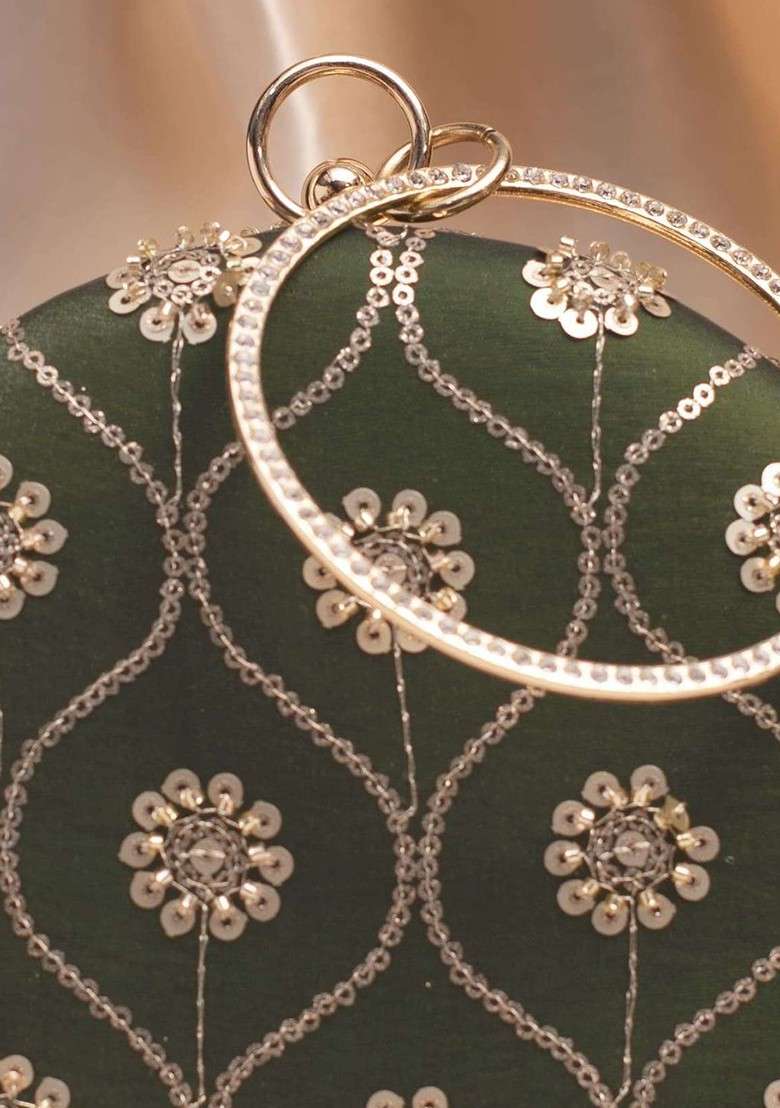 Green Satin Embroidered Box Clutch - Indya