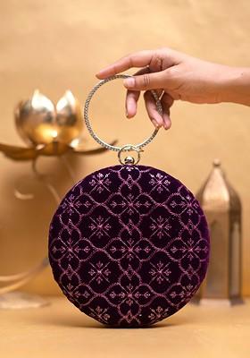 Purple Satin Embroidered Embellished Box Clutch
