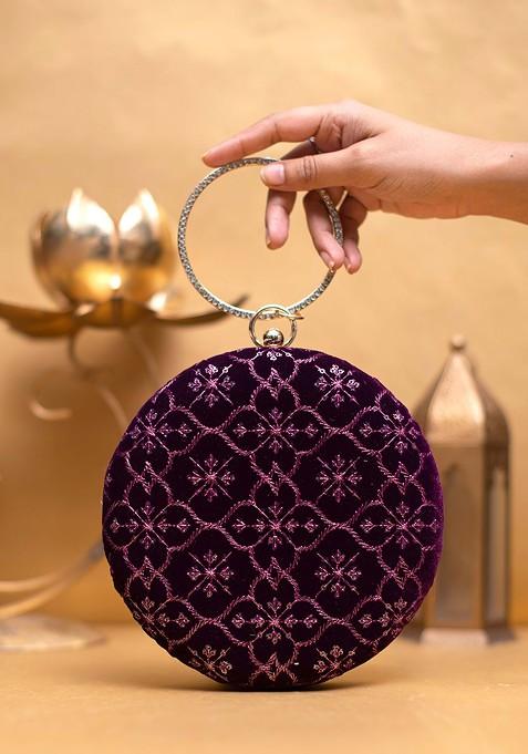 Purple Satin Embroidered Embellished Box Clutch