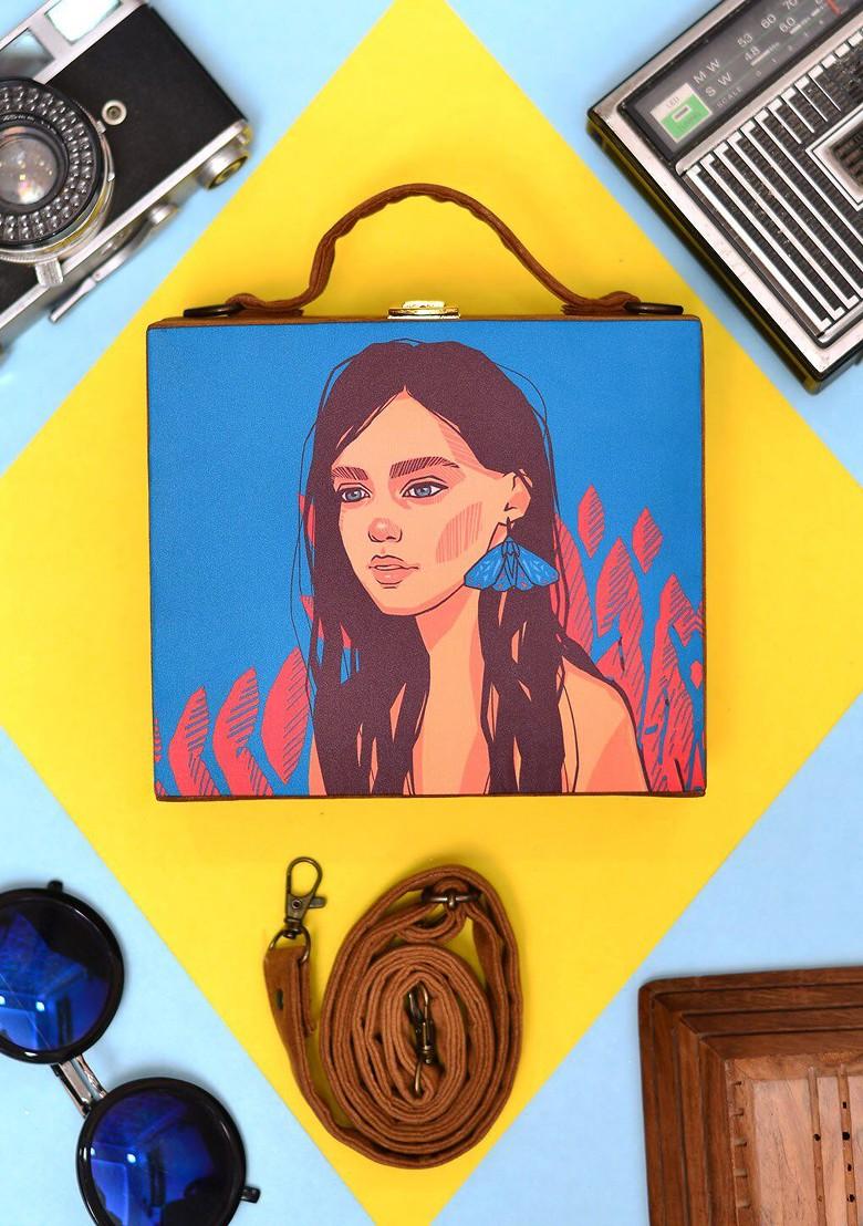 Blue Fabric Hair Lady Printed Suitcase Style Box Clutch - Indya