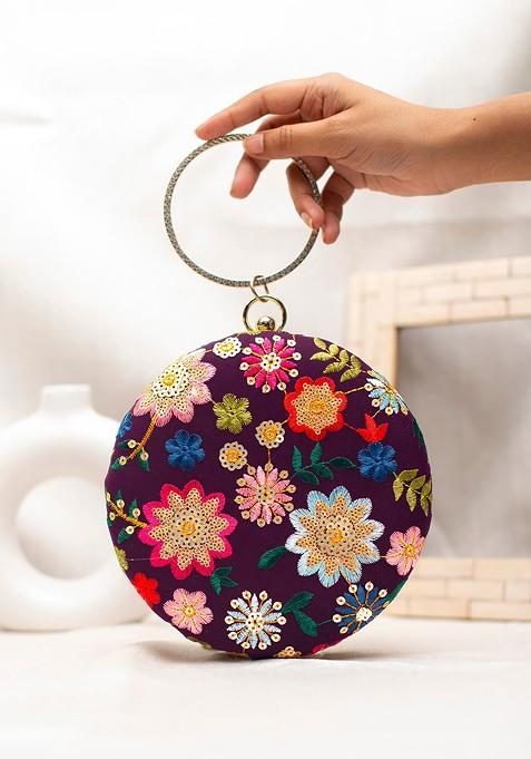 Purple Satin Embroidered Box Clutch