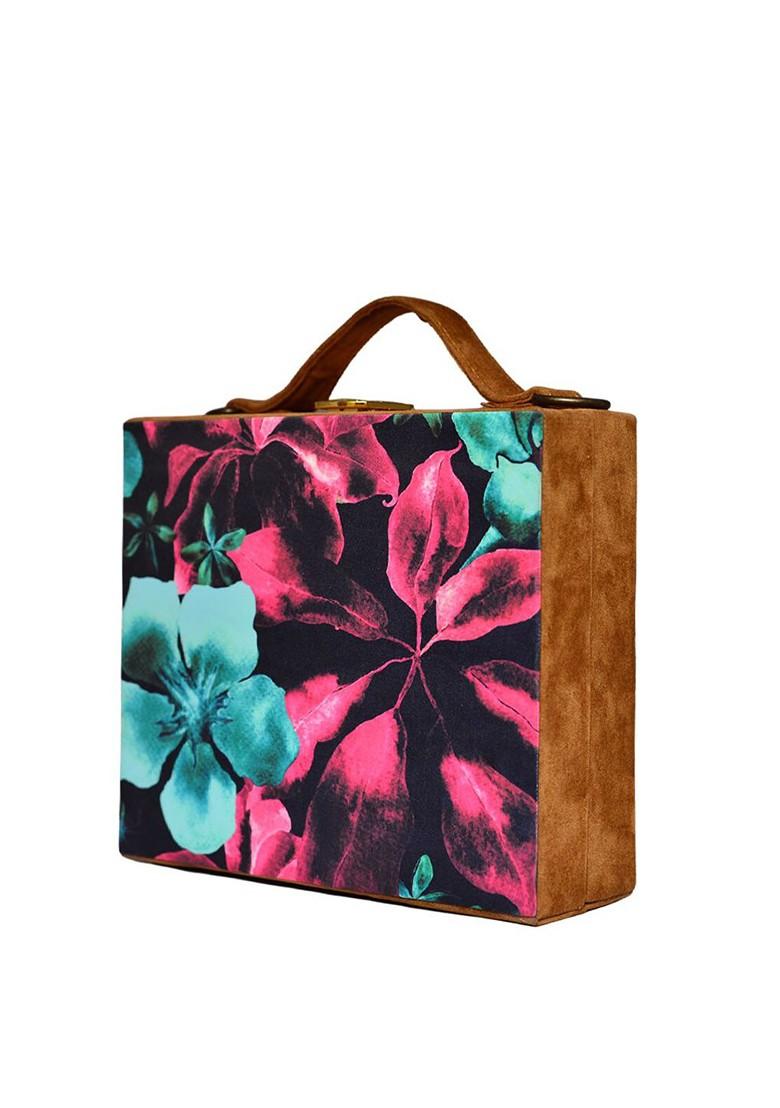Black Fabric Printed Suitcase Style Box Clutch - Indya