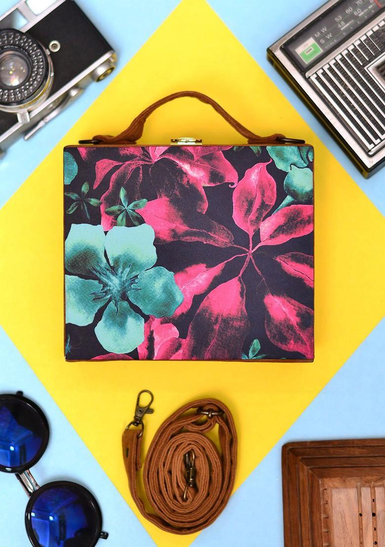 Black Fabric Printed Suitcase Style Box Clutch - Indya