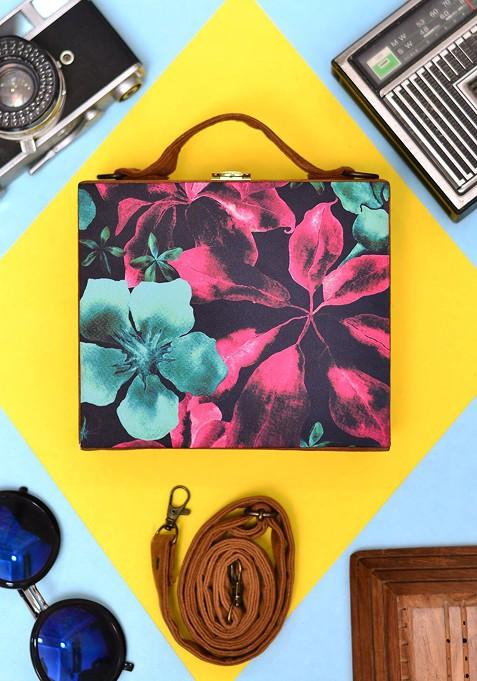 Black Fabric Printed Suitcase Style Box Clutch