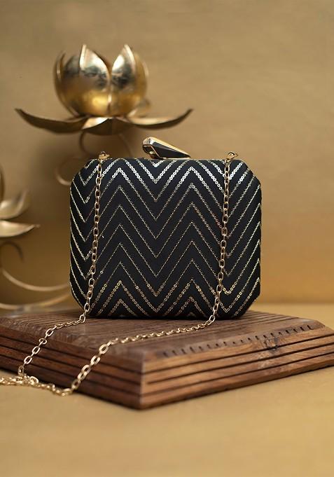 Black Satin Embroidered Sequinned Box Clutch
