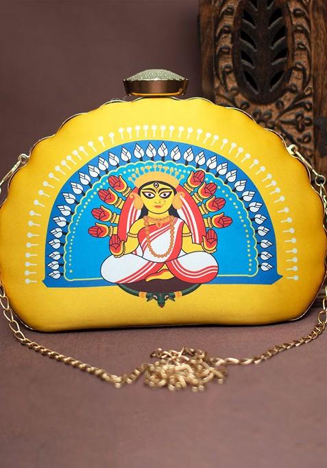 Yellow Fabric Durga Printed Half Moon Clutch