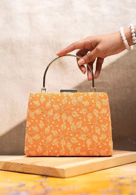 Orange Satin Chikankari Embroidered Box Clutch