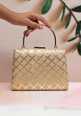 Beige Satin Embroidered Gota Patti Box Clutch