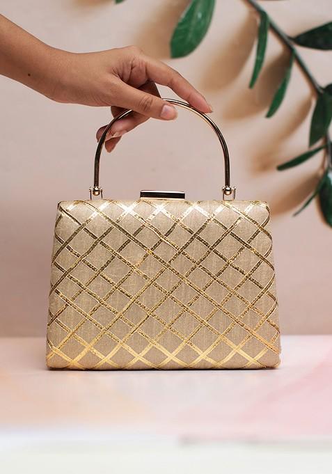 Beige Satin Embroidered Gota Patti Box Clutch