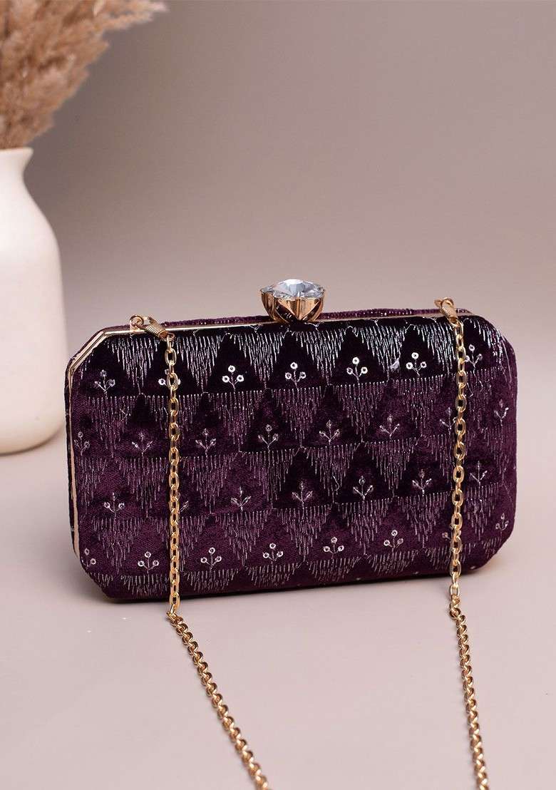 Purple Satin Embroidered Sequins Box Clutch - Indya