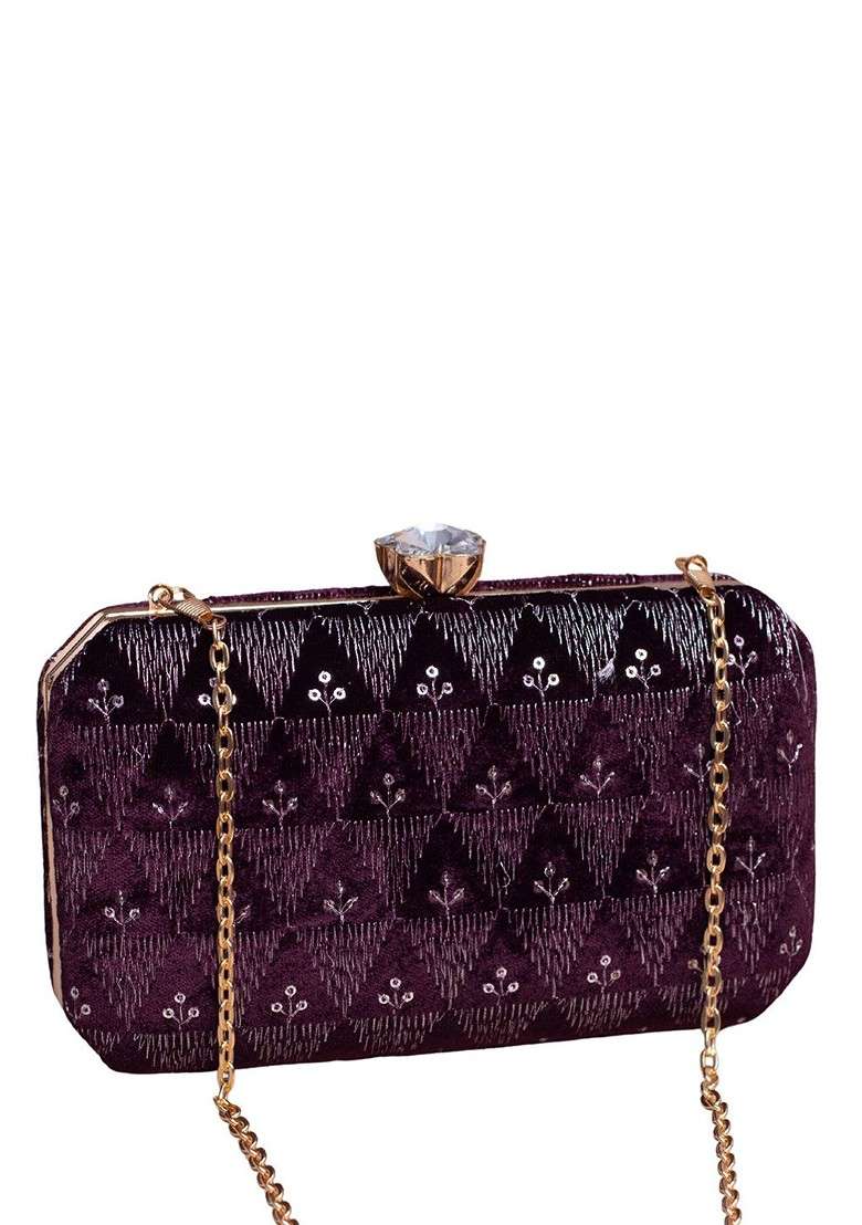 Purple Satin Embroidered Sequins Box Clutch - Indya