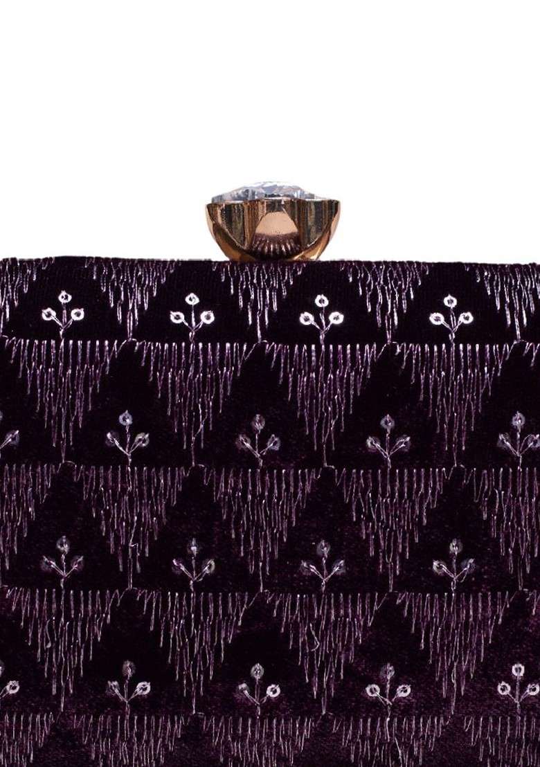 Purple Satin Embroidered Sequins Box Clutch - Indya