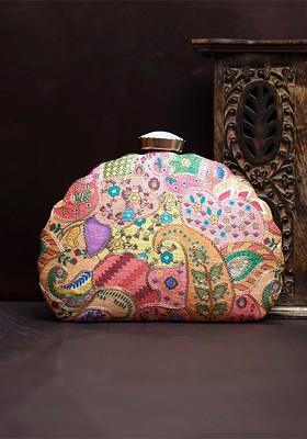 Pink Fabric Ethnic Motifs Printed Embroidered Box Clutch