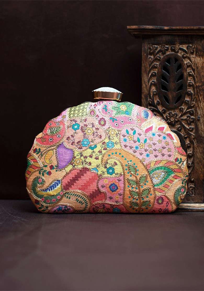 Pink Fabric Ethnic Motifs Printed Embroidered Box Clutch - Indya