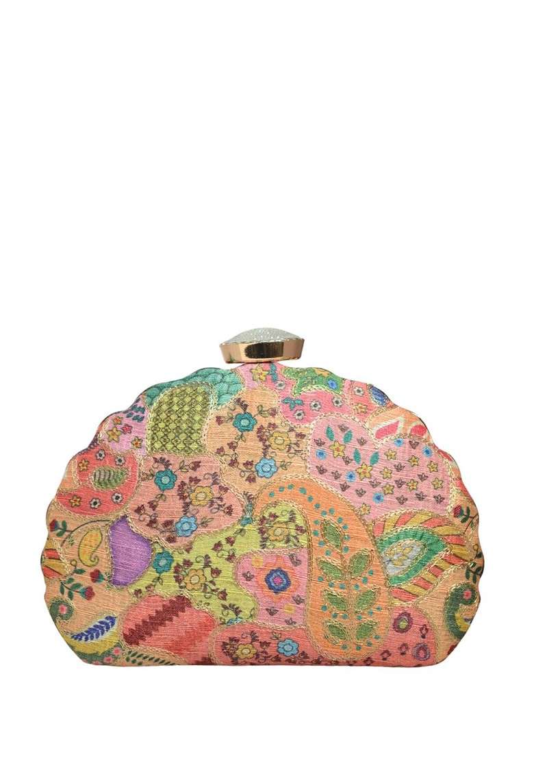 Pink Fabric Ethnic Motifs Printed Embroidered Box Clutch - Indya