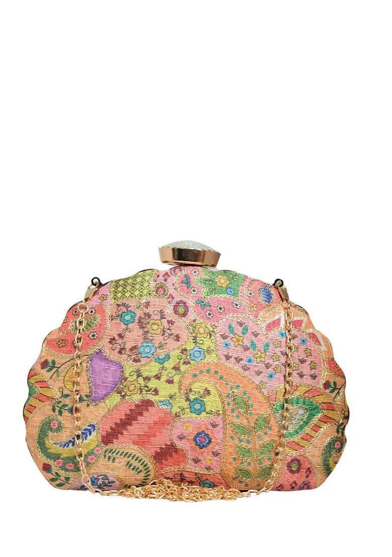 Pink Fabric Ethnic Motifs Printed Embroidered Box Clutch - Indya