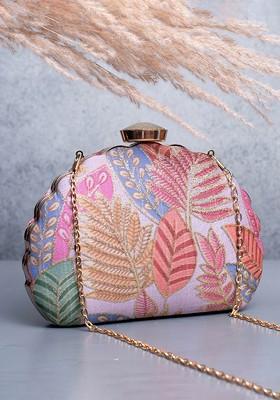Pink Satin Floral Zari Embroidered Box Clutch