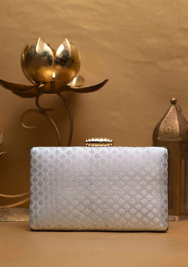 Silver Satin Embroidered Brocade Box Clutch - Indya