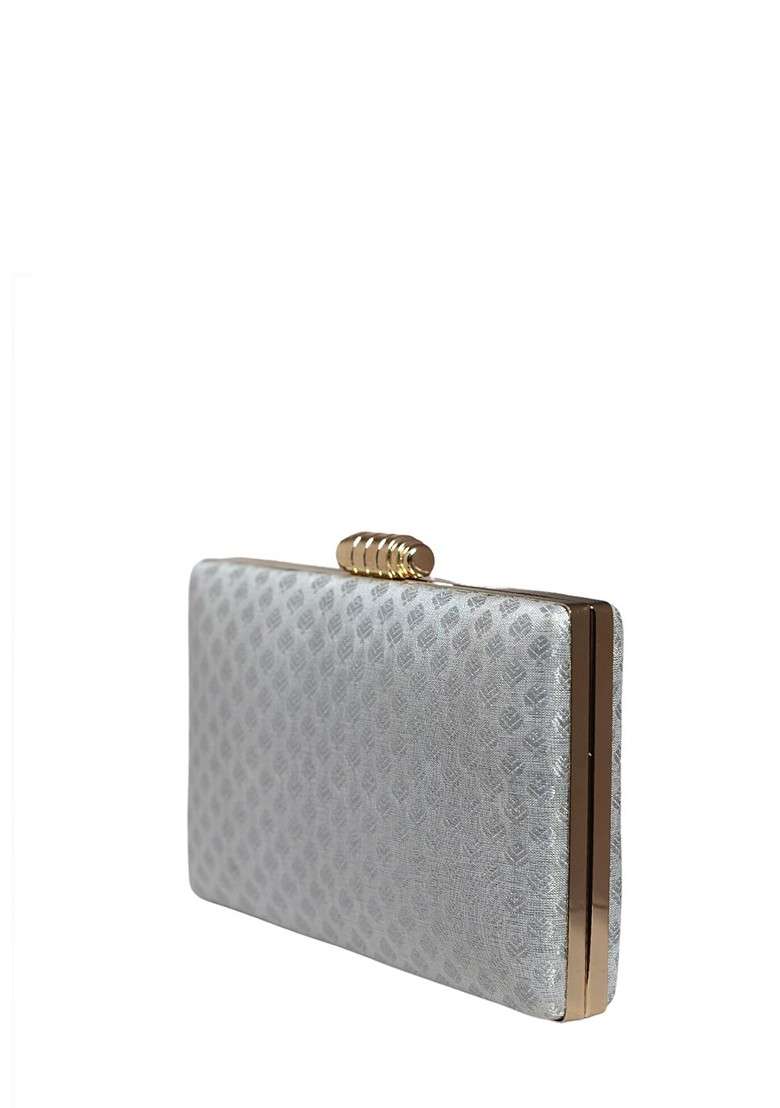 Silver Satin Embroidered Brocade Box Clutch - Indya
