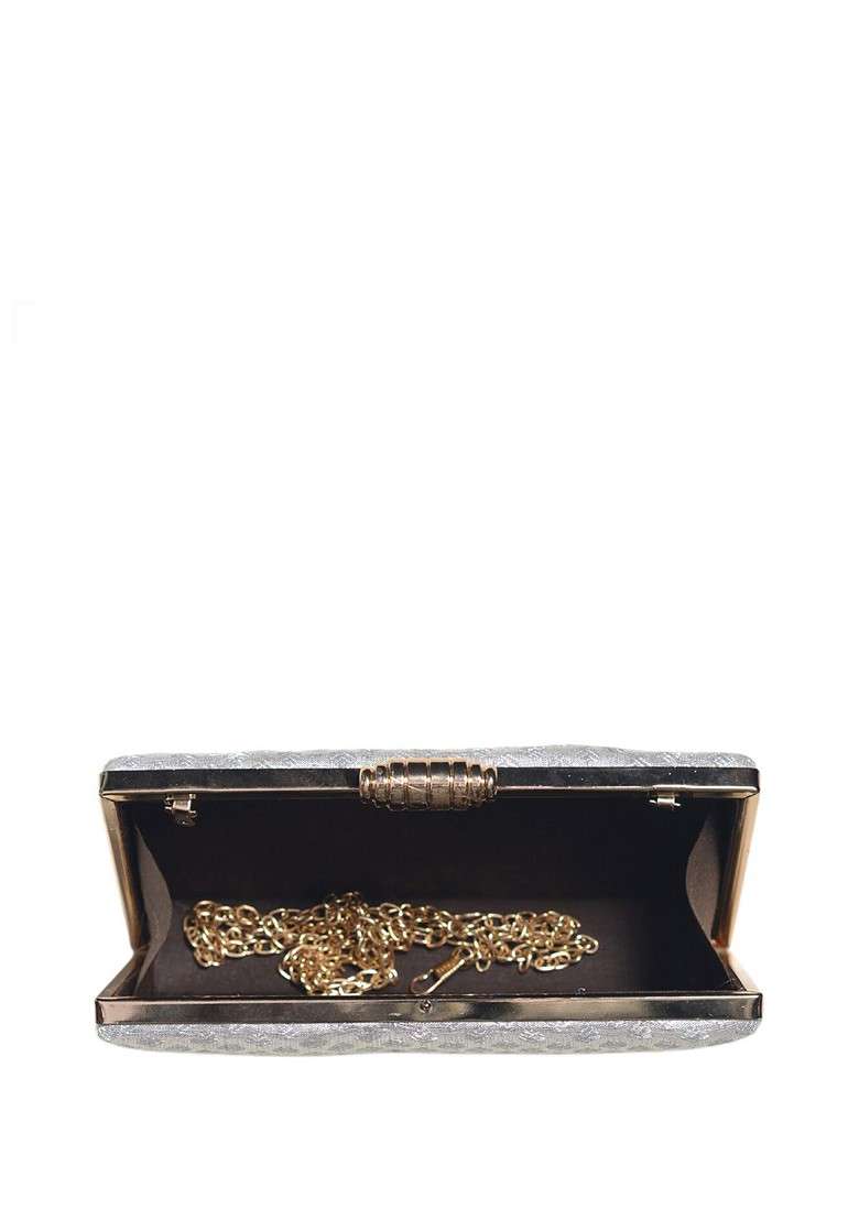 Silver Satin Embroidered Brocade Box Clutch - Indya