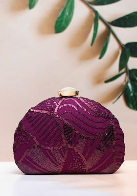 Purple Satin Embellished Box Clutch