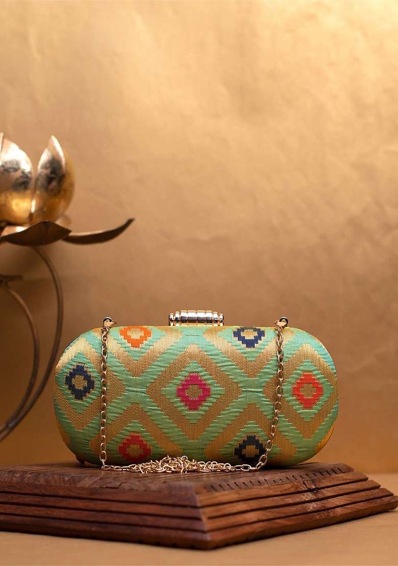 Green Satin Embroidered Box Clutch - Indya