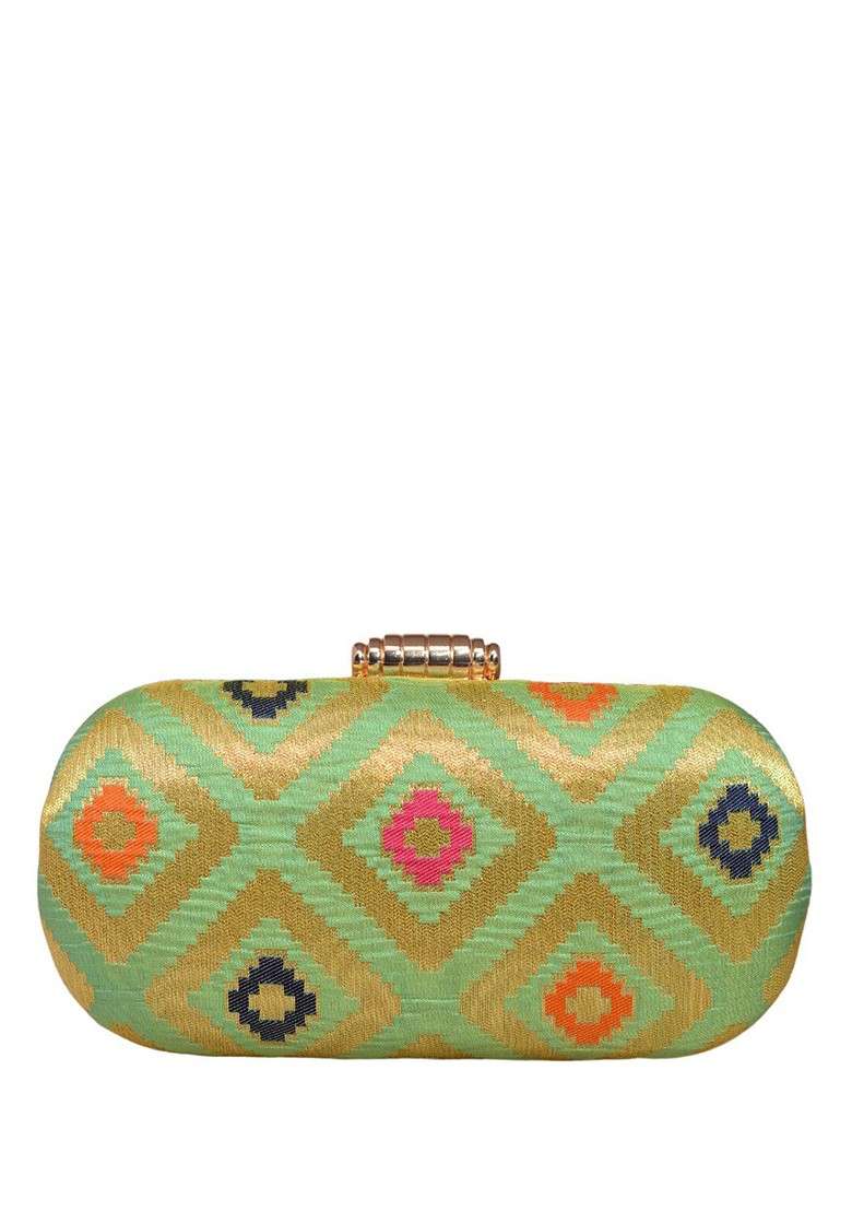 Green Satin Embroidered Box Clutch - Indya