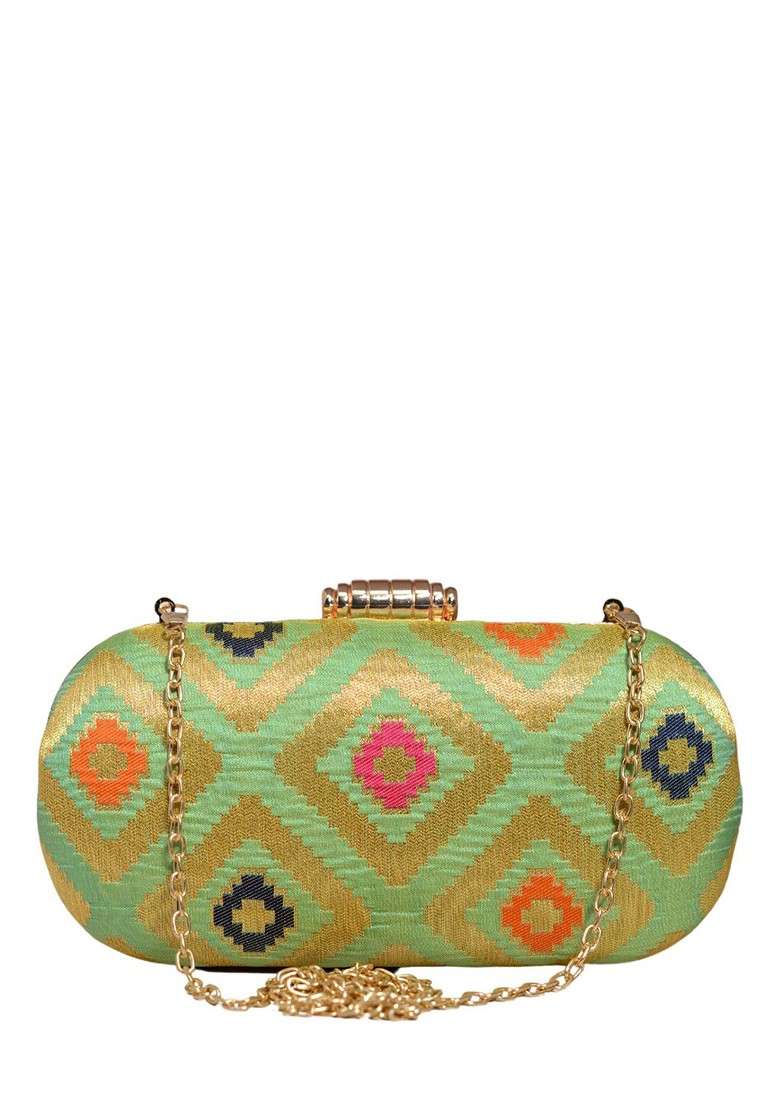 Green Satin Embroidered Box Clutch - Indya