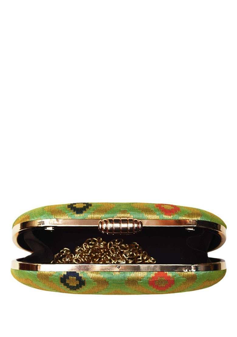 Green Satin Embroidered Box Clutch - Indya