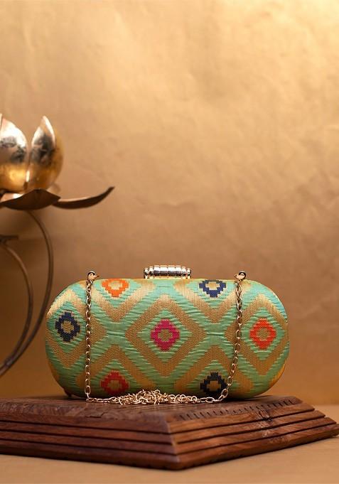 Green Satin Embroidered Box Clutch
