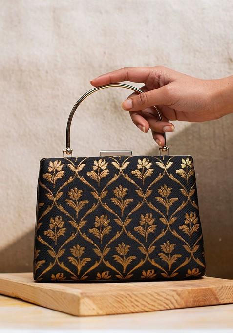 Black Satin Embroidered Box Clutch