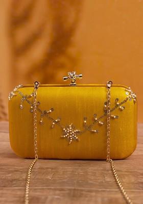 Yellow Satin Embroidered Box Clutch