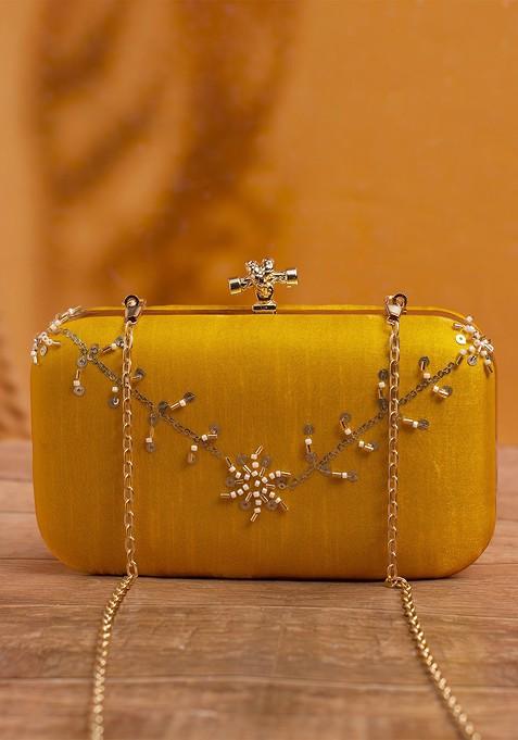 Yellow Satin Embroidered Box Clutch
