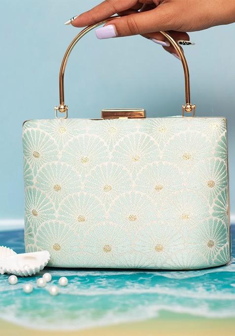 Sea Green Satin Woven Design Box Clutch
