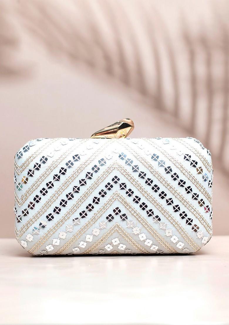 Off White Satin Embroidered Box Clutch - Indya