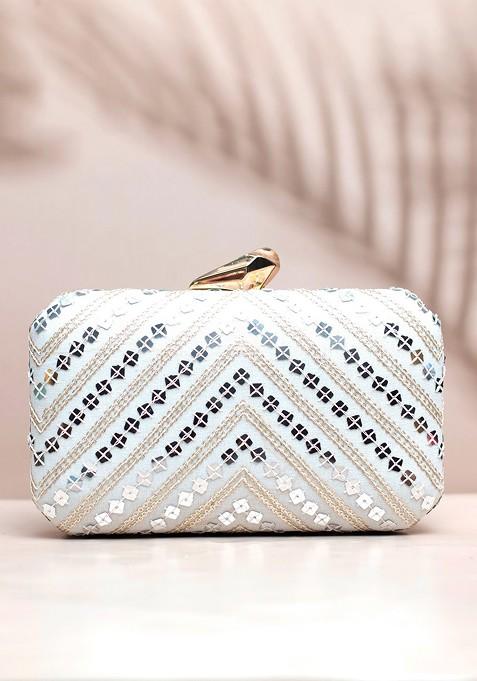 Off White Satin Embroidered Box Clutch