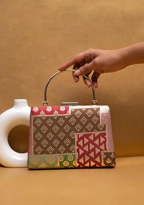 Brown Satin Woven Designed Brocade Box Clutch