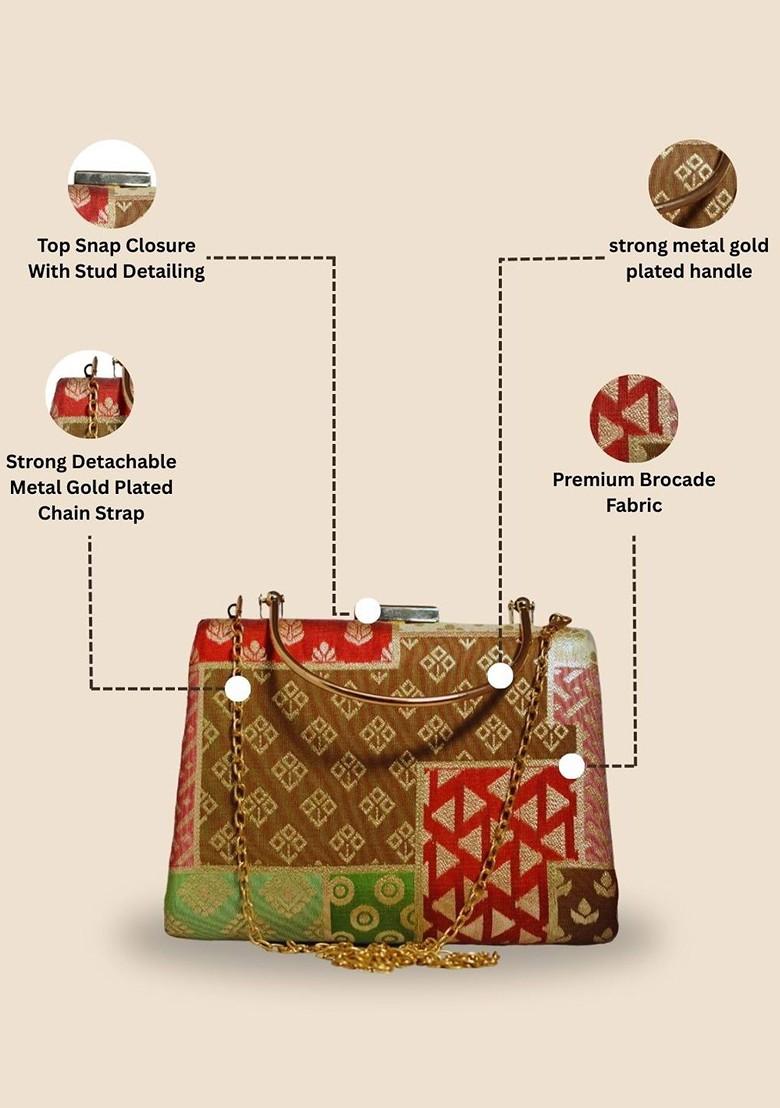 Brown Satin Woven Designed Brocade Box Clutch - Indya