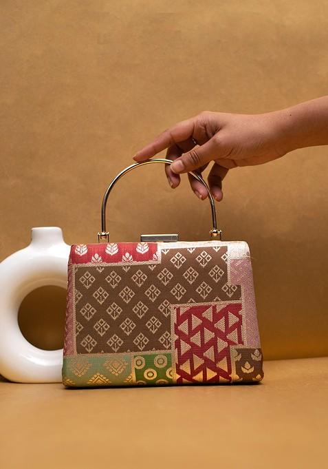 Brown Satin Woven Designed Brocade Box Clutch