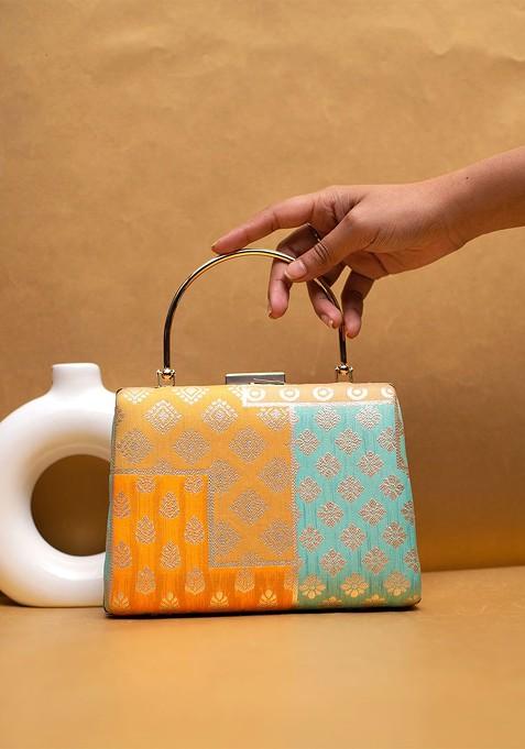 Yellow Satin Embroidered Box Clutch