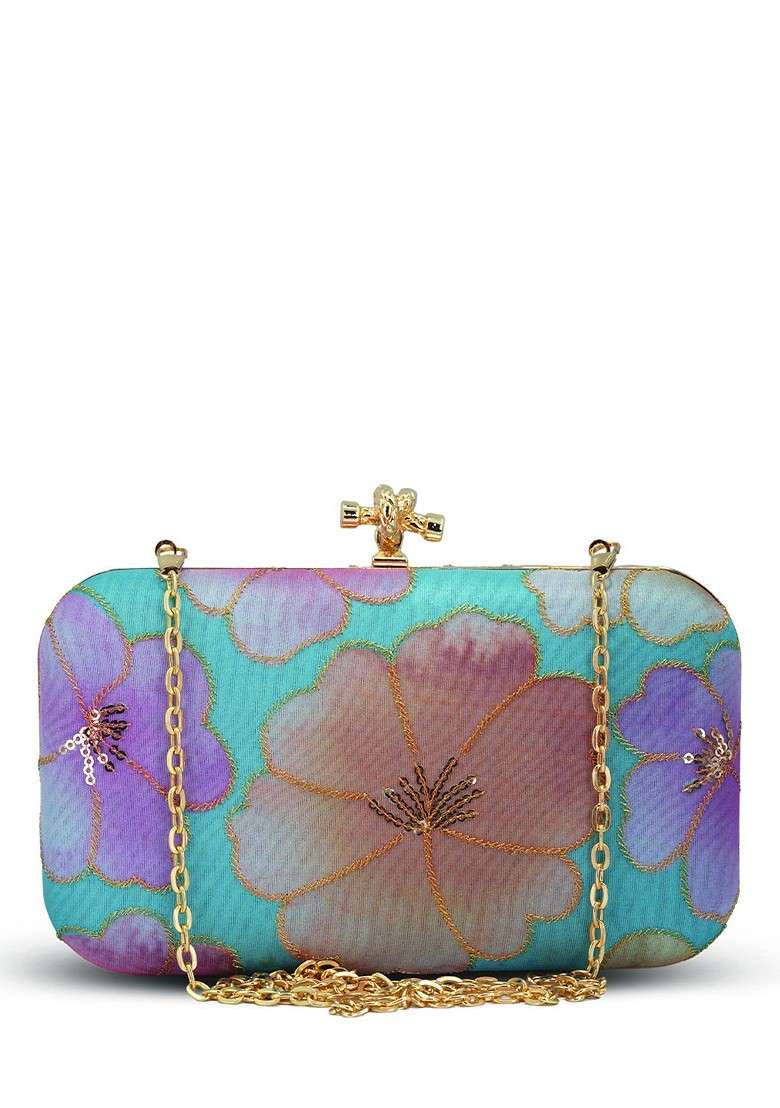 Blue Satin Floral Embroidered Sequinned Box Clutch - Indya