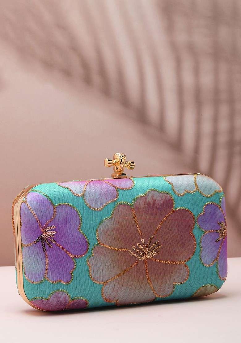 Blue Satin Floral Embroidered Sequinned Box Clutch - Indya