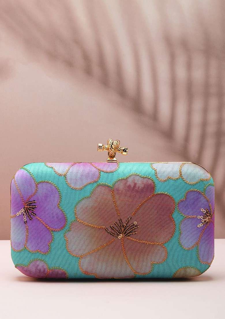 Blue Satin Floral Embroidered Sequinned Box Clutch - Indya