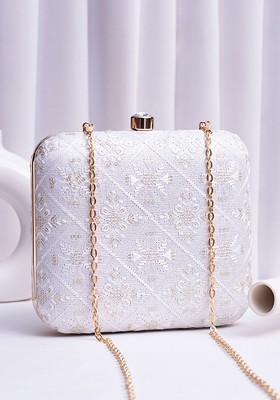 White Satin Embroidered Embellished Box Clutch