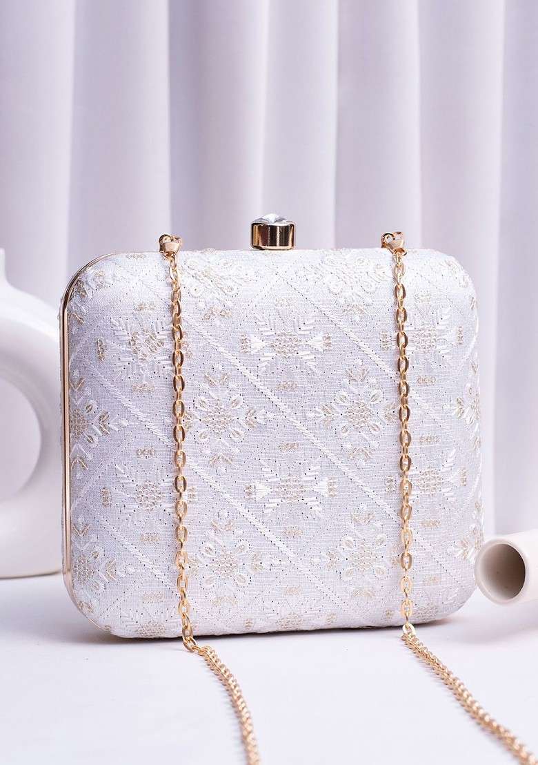 White Satin Embroidered Embellished Box Clutch - Indya