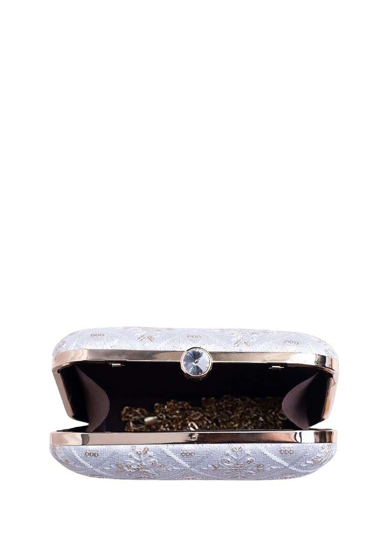 White Satin Embroidered Embellished Box Clutch - Indya