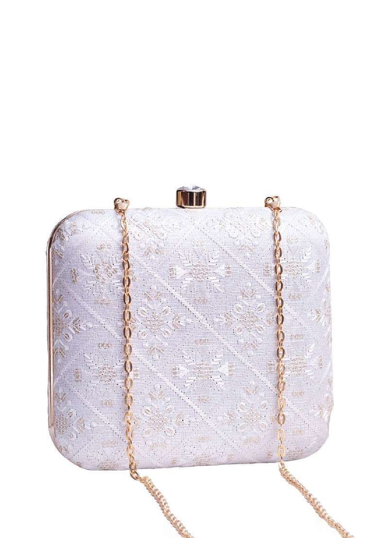 White Satin Embroidered Embellished Box Clutch - Indya